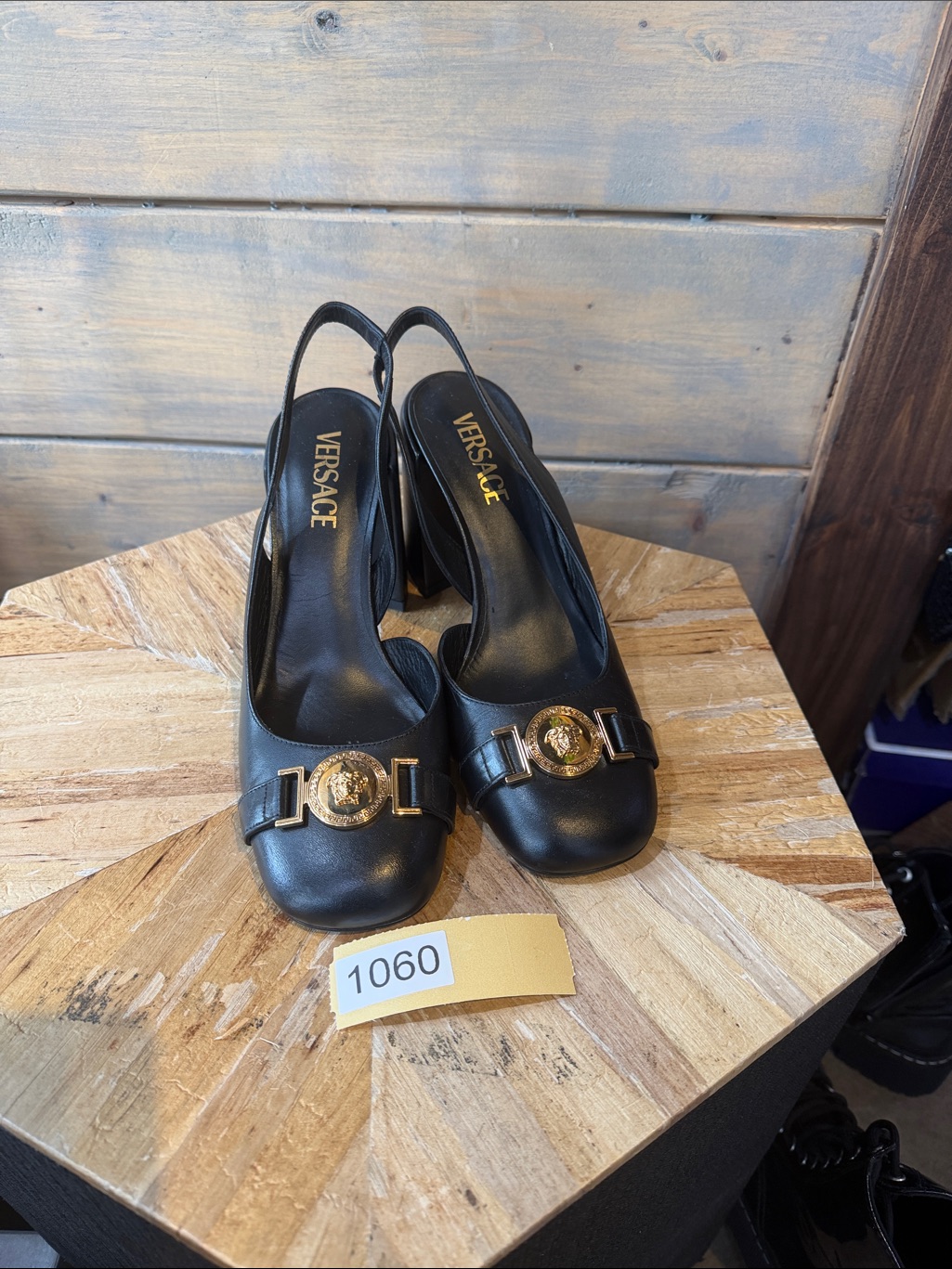 Versace Black Leather Slingback Pumps With Gold Medallion Accent
